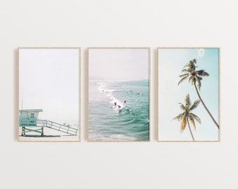 Set of 3 Beach Prints, DIGITAL DOWNLOAD, Surf Wall Art, Palm Trees Print, Lifeguard Poster, Printable Set, Nursery Decor, California Print