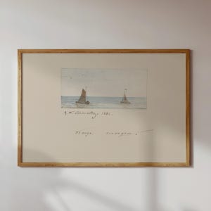 Puede incluir: Una pintura de acuarela enmarcada de dos veleros en el oc&eacute;ano. La pintura est&aacute; firmada y fechada en 1882. El marco es de madera clara. La pintura tiene un tema n&aacute;utico sereno.