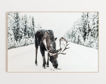 Moose in Snowy Forest Print, Christmas Wall Decor, Reindeer Print, Winter Wall Art, Nordic Poster, Scandinavian Wall Art, Digital Printable