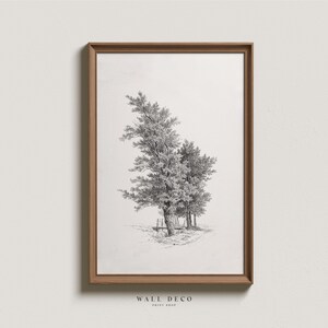 Vintage Trees Sketch Art Print, Neutral Landscape Drawing Wall Art, Modern Farmhouse Decor, Digital PRINTABLE Art