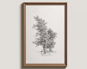 Vintage Tree Sketch Art Print: Neutral Farmhouse Landscape (Digital Printable)