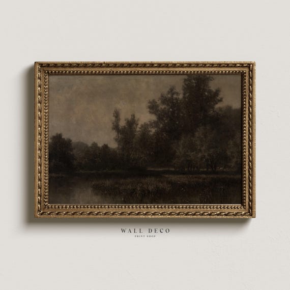 Vintage Autumn Landscape Painting: Moody Farmhouse Wall Art (Digital Printable)