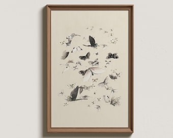 Impresión de ilustración de mariposa en acuarela, pintura vintage de mariposas neutras, decoración de pared digital imprimible para guardería de estilo rústico.