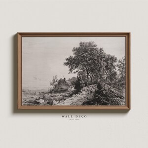 Vintage Landscape Etching - Rustic Cottage Scene, Modern Farmhouse Digital PRINTABLE Wall Decor