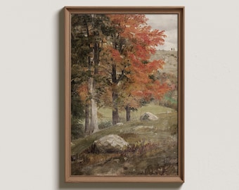 Vintage Fall Landscape Painting: Farmhouse Autumn Decor (Digital Download)