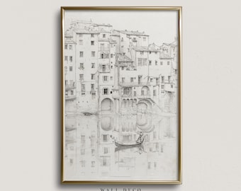 May include: A black and white pencil drawing of a cityscape with buildings reflected in the water. The drawing is framed in a gold frame.