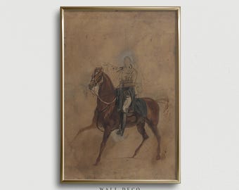 Vintage-Pferdeskizze als druckbare Wanddekoration, Antikes Ölgemälde mit Reitmotiv als digitaler Download, Stimmungsvolle Galerie-Wanddekoration, Dark-Academia-Druck