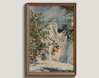 Vintage Orange Tree Watercolor Painting: Mediterranean Kitchen Art (Digital Printable)
