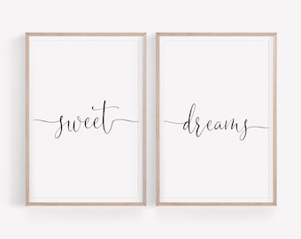 Sweet Dreams Wall Art, Bedroom Wall Decor, Set of 2 Prints, Sweet Dreams Sign, Nursery Wall Art, Minimalist Poster, Quote Print, Digital Art