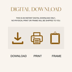 Puede incluir: Gr&aacute;fico de descarga digital con texto e iconos. El texto dice "DESCARGA DIGITAL" y "ESTA ES S&Oacute;LO UNA DESCARGA DIGITAL INSTANT&Aacute;NEA. NO SE LE ENVIAR&Aacute; NINGUNA IMPRESI&Oacute;N O MARCO F&Iacute;SICO." Los iconos incluyen una flecha de descarga, una impresora y un marco.