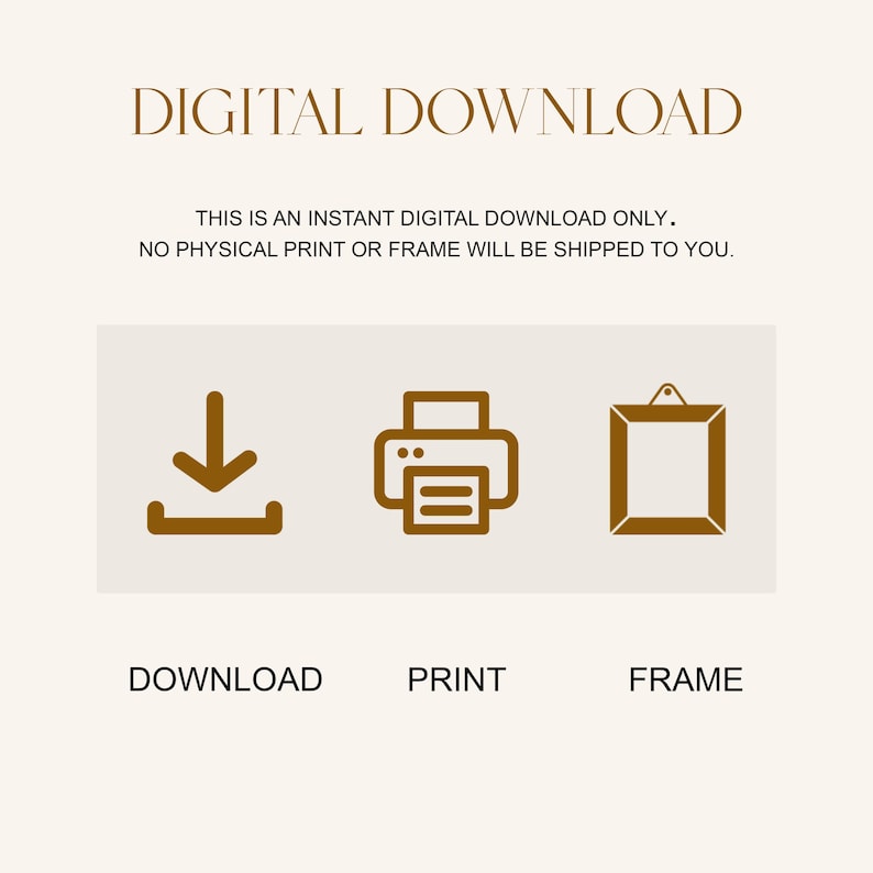 Puede incluir: Gr&aacute;fico de descarga digital con texto e iconos. El texto dice "DESCARGA DIGITAL" y "ESTA ES S&Oacute;LO UNA DESCARGA DIGITAL INSTANT&Aacute;NEA. NO SE LE ENVIAR&Aacute; NINGUNA IMPRESI&Oacute;N O MARCO F&Iacute;SICO." Los iconos incluyen una flecha de descarga, una impresora y un marco.