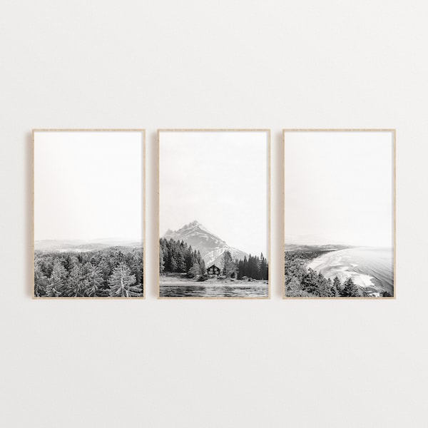 Set of 3 Nature Prints, Black and White Nature Wall Art Set, Landscape Prints Set, Forest Print, Mountain Poster, Coastal Print, Digital Art