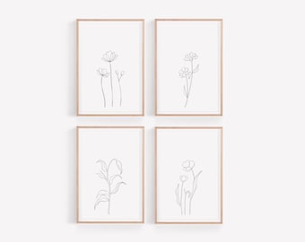 Line Drawing Flowers Prints Set, Botanical Set of 4 Wall Art, One Line Drawing Art, Minimalist Wall Art, Floral Prints Set, Instant Download