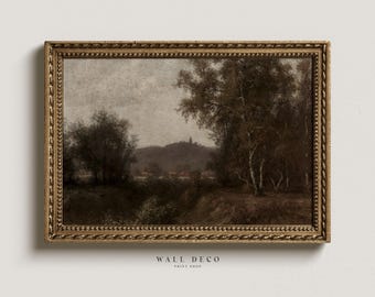 Moody Autumn Landscape Art Print: Dark Vintage Farmhouse Scenery (Digital Download)