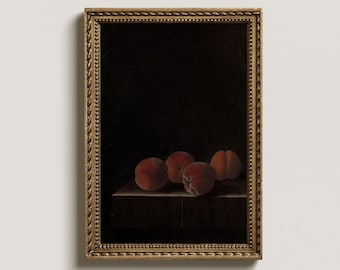Vintage Peaches Still Life Painting: Dark Moody Kitchen Art (Digital Printable)