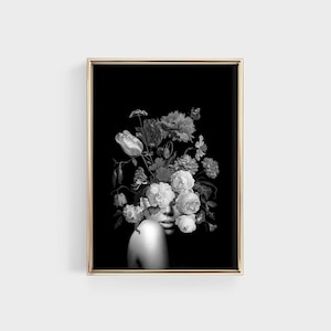 Floral Head Woman Portrait: Black and White Collage Art (Digital Download)