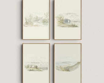 Aquarellskizzen-Set mit 4 Drucken zum Thema ländliche Landschaft: Neutrale Wandbilder im Landhausstil (Digitaler Download)