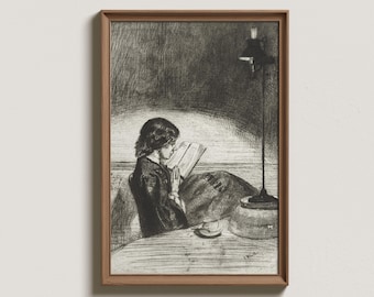 May include: Black and white illustration of a person reading a book by a lamp. The person is sitting in a chair and the lamp is on a table. The illustration is in a wooden frame.