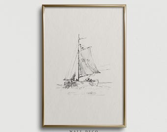 Vintage-Segelboot-Skizze als Kunstdruck: Neutrale nautische Zeichnung, digitaler Druck zur Wanddekoration