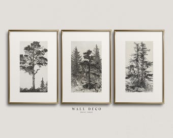 Vintage Tree Sketch Prints Set: Rustic Forest Etching (Digital Download)