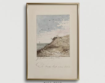 Boceto antiguo de acuarela neutra costera, arte mural náutico vintage (descarga digital)