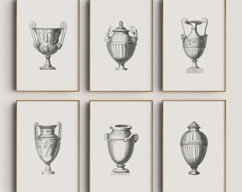 May include: Set of six black and white printable art prints featuring different styles of antique urns and vases. The prints are framed in a simple, modern, gold frame.