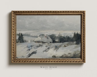 Vintage Winter Landscape Painting: Snowy Cabin Art (Digital Download)