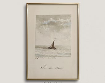 以下が含まれることがあります： 曇り空の下、海に浮かぶ帆船を描いた水彩画の額装。絵には「J.H. Scheffer, 1852.」と「From the Storm.」の署名がある。