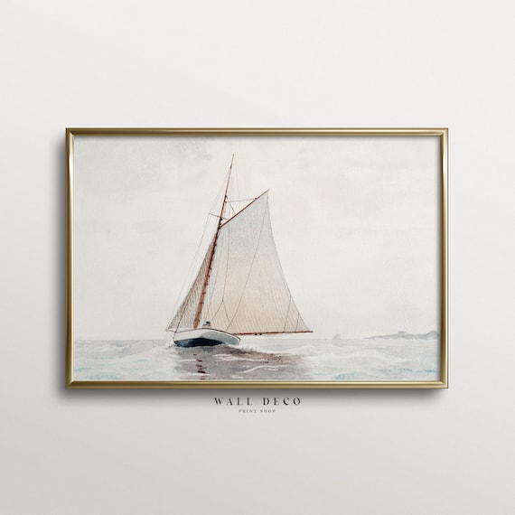 Vintage Sailboat Watercolor Painting: Neutral Coastal Art (Digital Download)