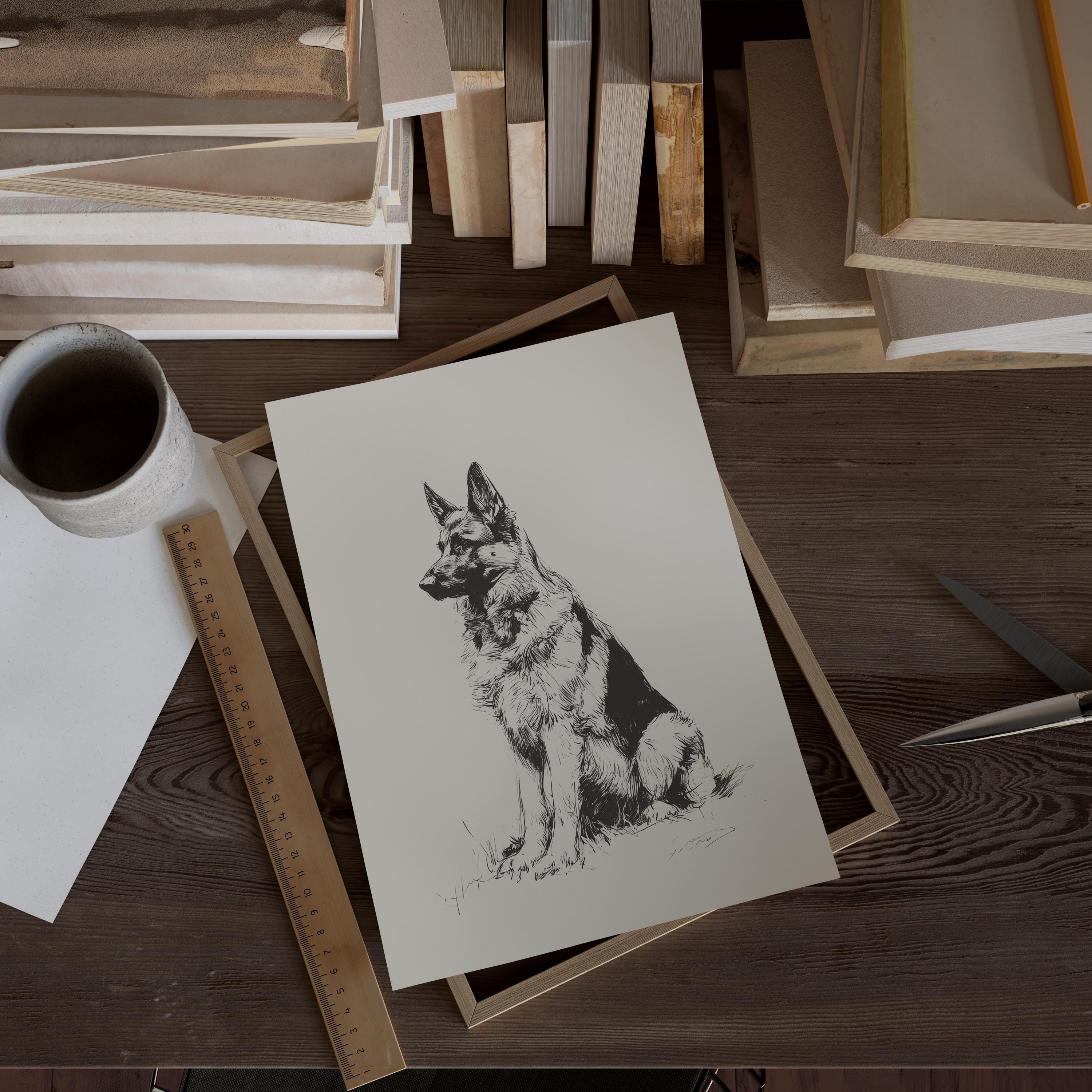 ジャーマンシェパードのイラストプリント、ヴィンテージスタイルの犬の