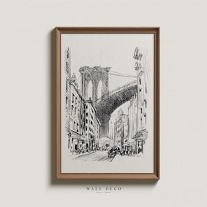 May include: A black and white pencil drawing of a street scene in New York City. The Brooklyn Bridge is visible in the background, and buildings line the street in the foreground.