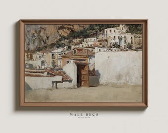 Vintage Amalfi Coast Oil Painting Print: Italian Village Landscape (Digital Printable)