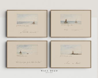 Vintage Nautische Aquarell Skizzen-Set: Minimalistische Segelboot Seelandschaft Galerie Wandkunst (Digital Printable)