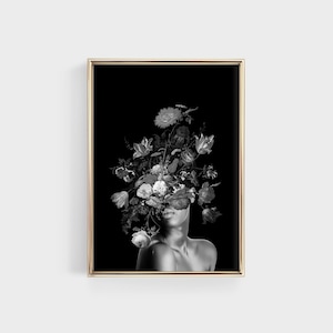 Floral Head Portrait: Black and White Collage Wall Art (Digital Printable)