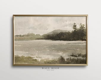 Vintage Green Landscape Watercolor Painting: Rustic Farmhouse Art Print (Digital Download)