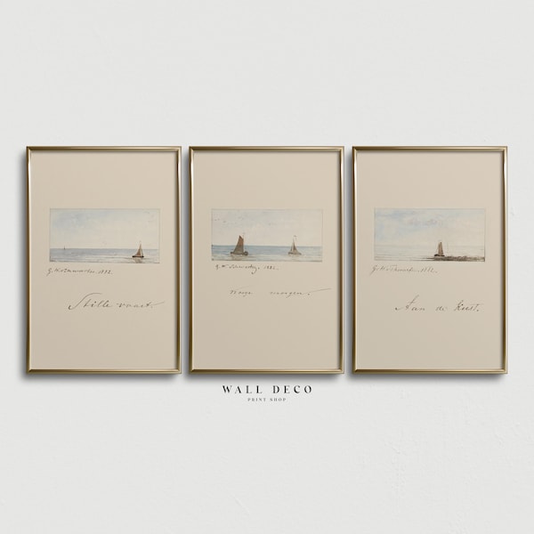 Vintage Nautical Watercolor Sketch Prints Set: Minimal Coastal Gallery Wall Art (Digital Printable)