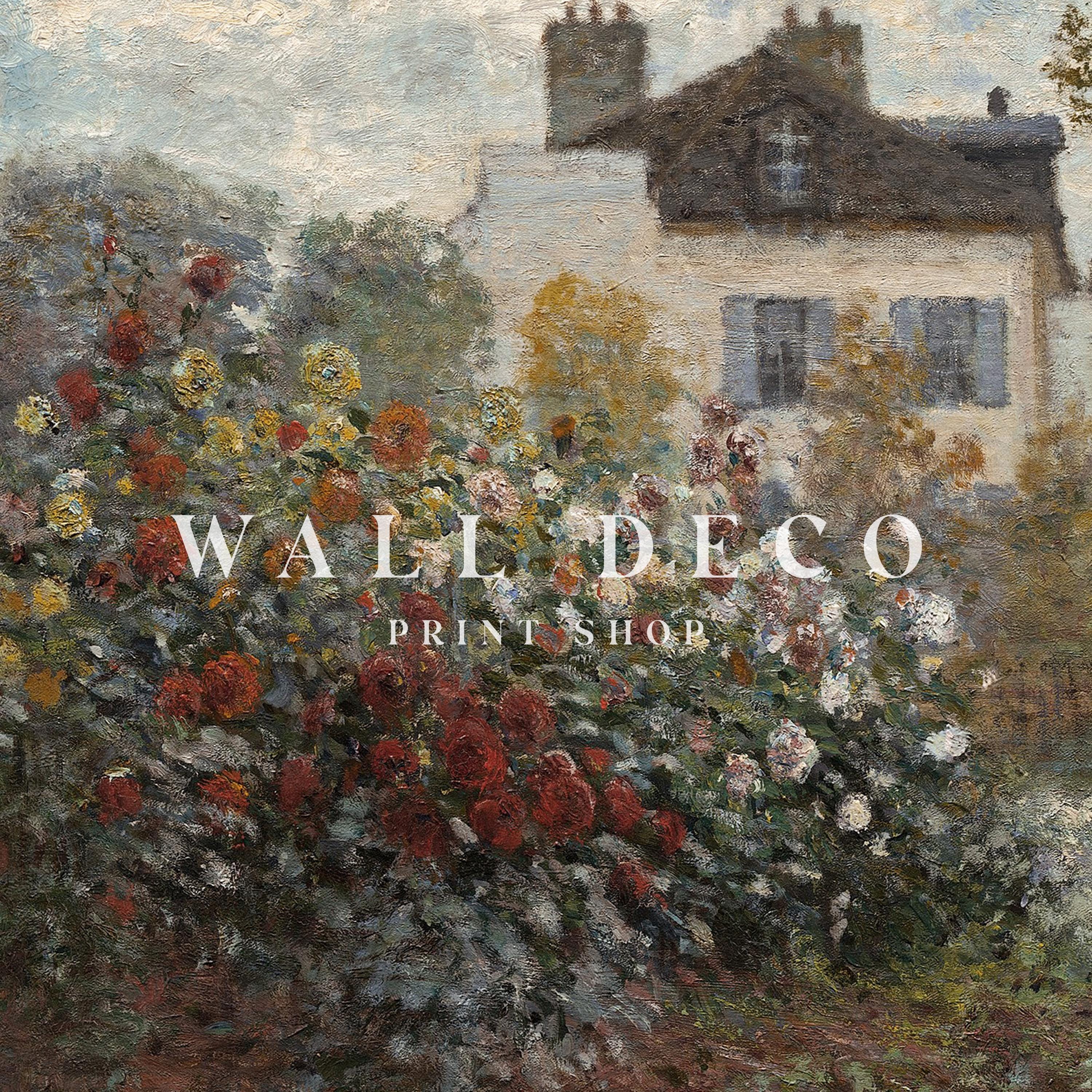 オリジナル絵画作品 ヴィンテージローズガーデンの油絵：コテージの春の風景（デジタル印刷