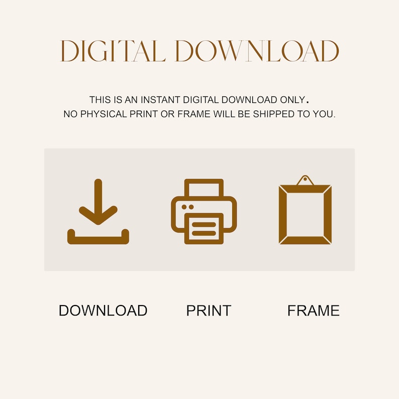 Pode incluir: Um gr&aacute;fico de download digital com um &iacute;cone de download marrom, um &iacute;cone de impressora marrom e um &iacute;cone de moldura marrom. O texto "DOWNLOAD DIGITAL" est&aacute; no topo do gr&aacute;fico. O texto "ESTA &Eacute; UMA DESCARGA DIGITAL INSTANT&Acirc;NEA. NENHUMA IMPRESS&Atilde;O OU MOLDURA F&Iacute;SICA SER&Aacute; ENVIADA PARA VOC&Ecirc;." est&aacute; abaixo dos &iacute;cones. O texto "DOWNLOAD", "IMPRIMIR" e "MOLDURA" est&atilde;o abaixo dos &iacute;cones.