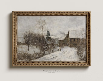 ヴィンテージ風の冬の村の絵画：雪景色アート（デジタルダウンロード）