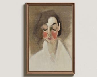 Abstract Woman’s Portrait Painting, Vintage Female Portrait, Eclectic Wall Art, Neutral Abstract Print, Digital Printable Wall Decor