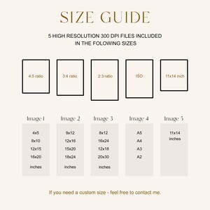May include: A beige size guide graphic with the text "SIZE GUIDE" at the top. It lists five high-resolution file sizes, including 4:5, 3:4, 2:3, ISO, and 28x35 cm. Below are the corresponding image sizes in inches. The text "If you need a custom size - feel free to contact me."
