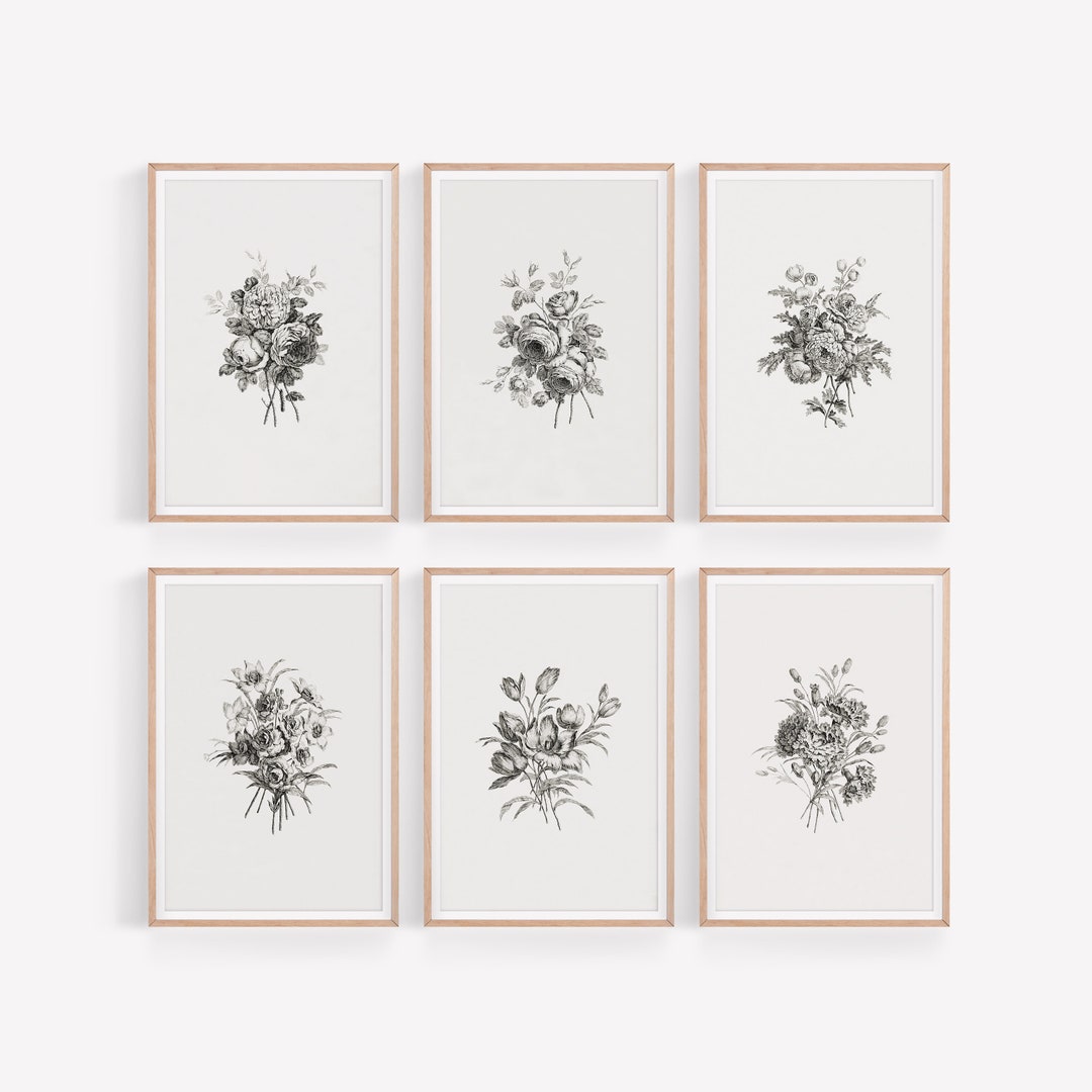 Vintage Botanical Gallery Wall Art, Neutral Flowers Drawing Prints Set