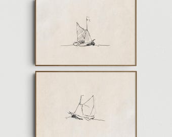 Rustikale Boote Skizze Prints 2er-Set, Minimale Abstrakte Nautische druckbare Wanddekoration
