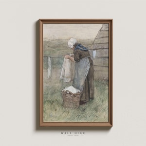 Laundry Room Wall Art, Laundress Digital Print, Neutral Vintage Watercolor Painting, Farmhouse Laundry Art Print, Digital Printable Decor