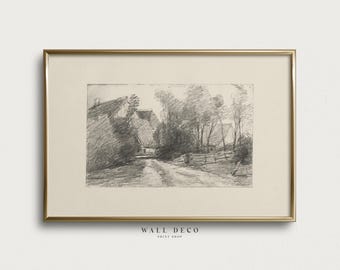 Vintage Landschaft Landschaft Skizze Print: Rustikale Bauernhaus Zeichnung Kunst (Digital Printable)