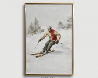 Lámina de pintura al óleo de esquí vintage: Arte mural de paisaje invernal antiguo (imprimible digitalmente)