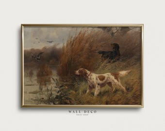 Kunstdruck mit Vintage-Jagdhunden, rustikales Herbstlandschaftsgemälde mit See, digitaler Wanddruck