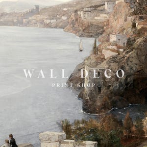 May include: A painting of a coastal scene with a town built into the cliffs. The water is a light blue and the sky is a pale gray. The town is made up of white buildings with brown roofs. There is a small sailboat in the water.