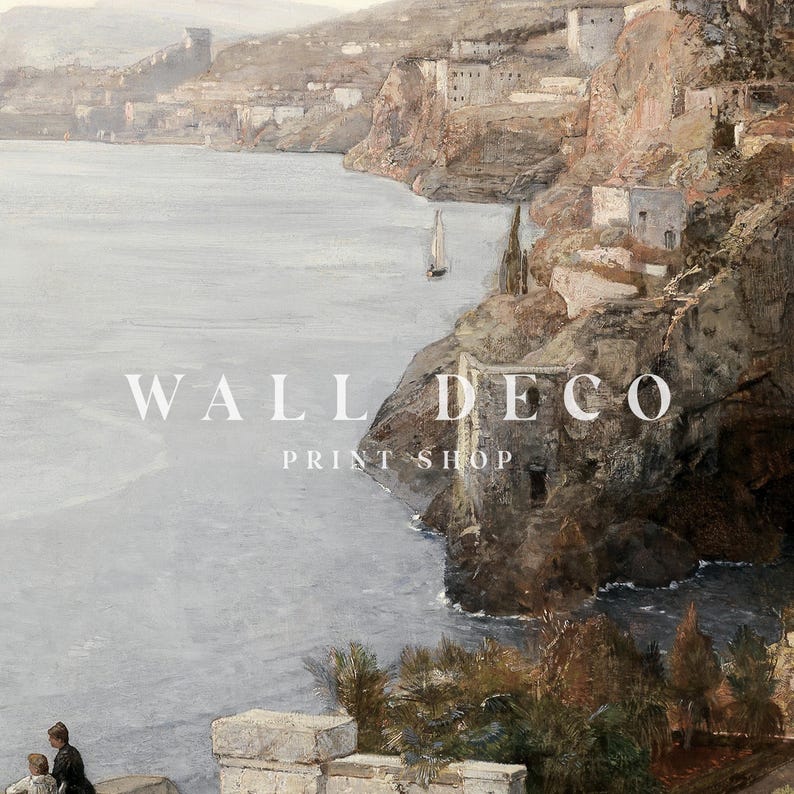 May include: A painting of a coastal scene with a town built into the cliffs. The water is a light blue and the sky is a pale gray. The town is made up of white buildings with brown roofs. There is a small sailboat in the water.