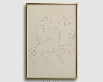 Vintage Pferde Skizze Print: Minimalistische Bauernhaus Zeichnung Wandkunst (Digital Printable)